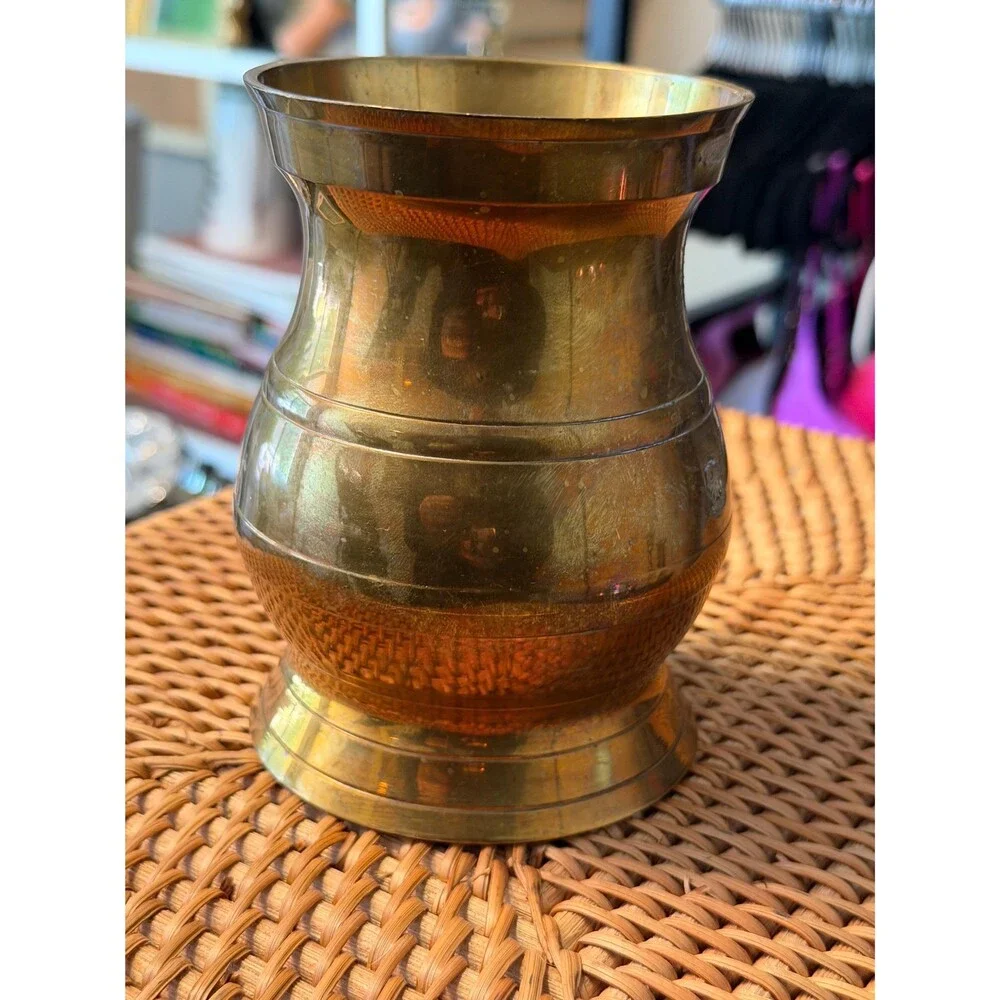 Vintage Brass Vase | Aged Brass Urn Vessel | Mid Century Brass Decor | Patina Fl